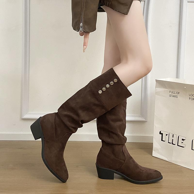 

Western cowboy boots women s 2025 autumn and winter new pointed high boots button boots knight stack boots 40 коричневый