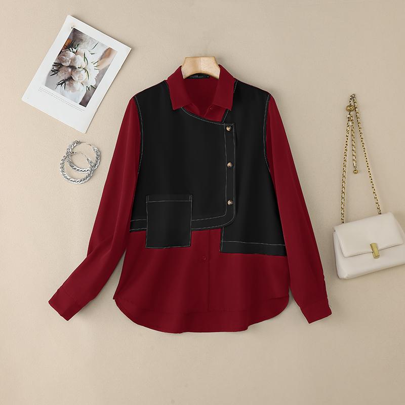 

ZANZEA Женская повседневная блузка в стиле пэчворк с отложным воротником и длинным рукавом 5XL вино красного