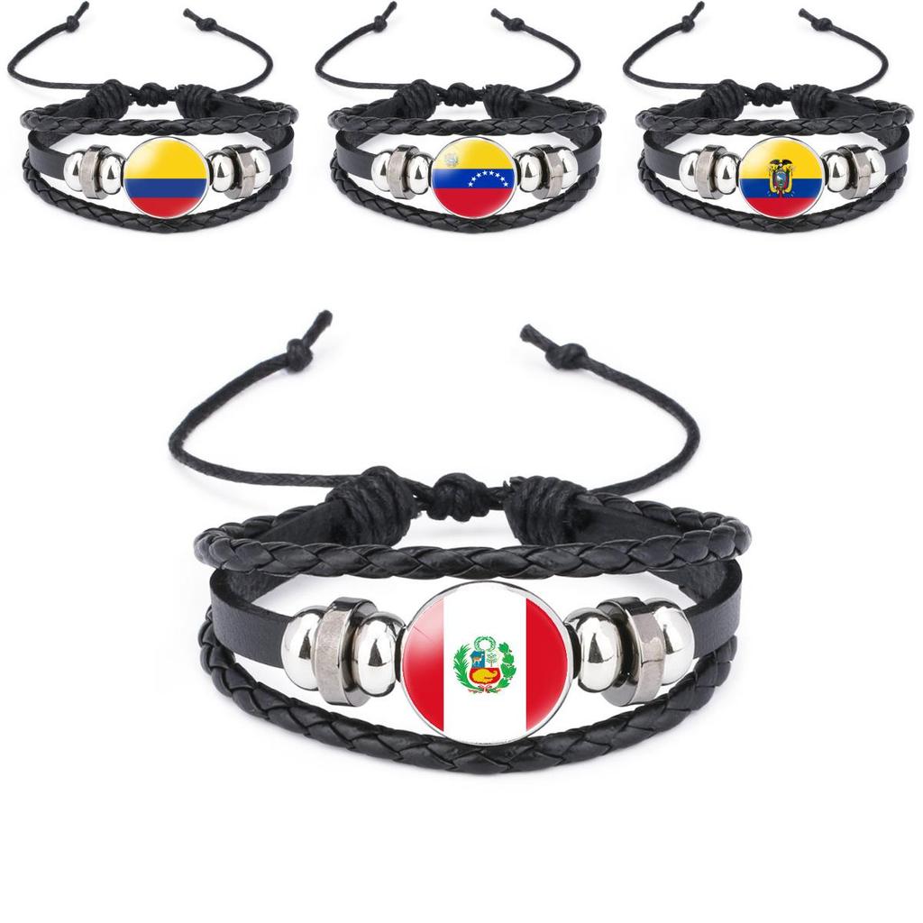 Unique South American Flag Time Gem Black Leather Multilayer Braided Bracelet