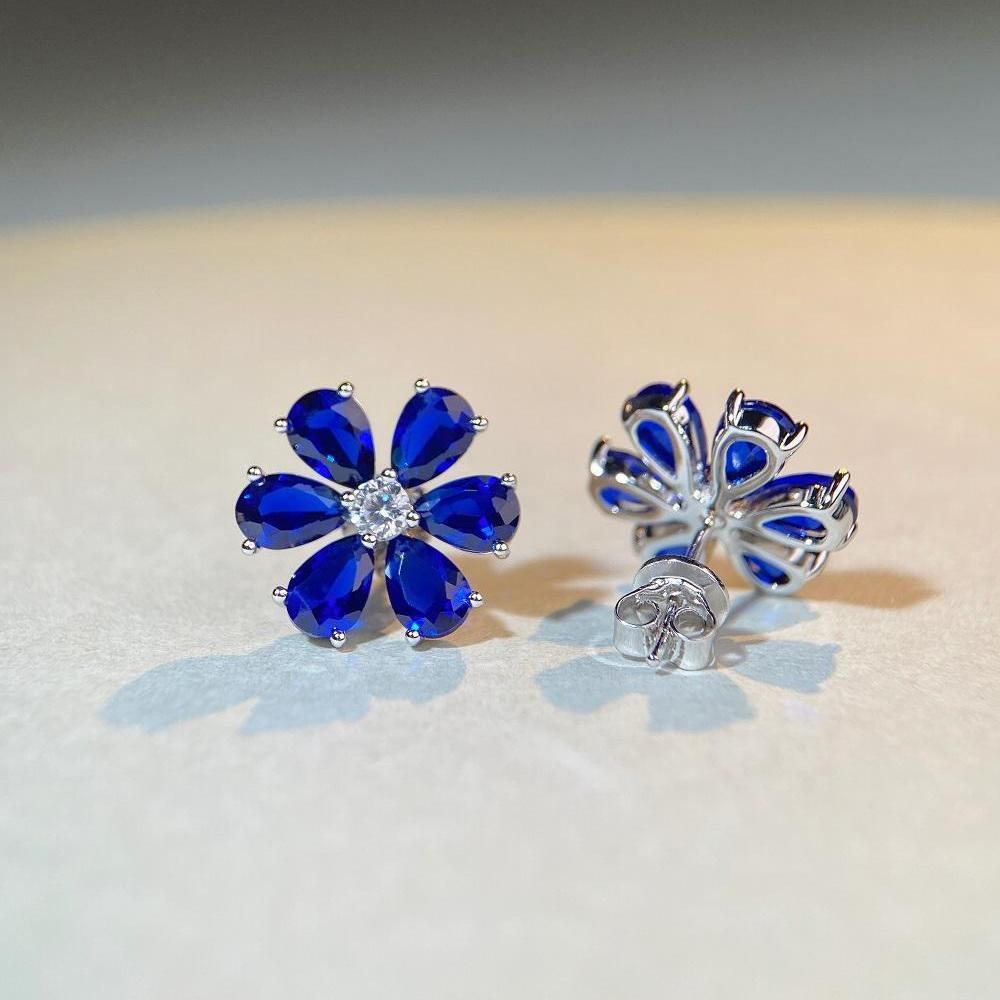 S925 Sterling Silver Daisy Flower Aquamarine Zircon Stud Earrings for Women - European & American TikTok Style