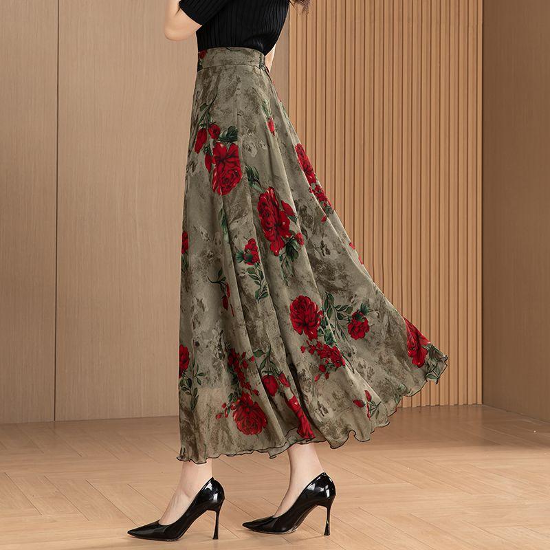 New Summer Retro Ethnic Style Ink-print Chiffon Skirt Women's Long Skirt High Waist A-line Skirt