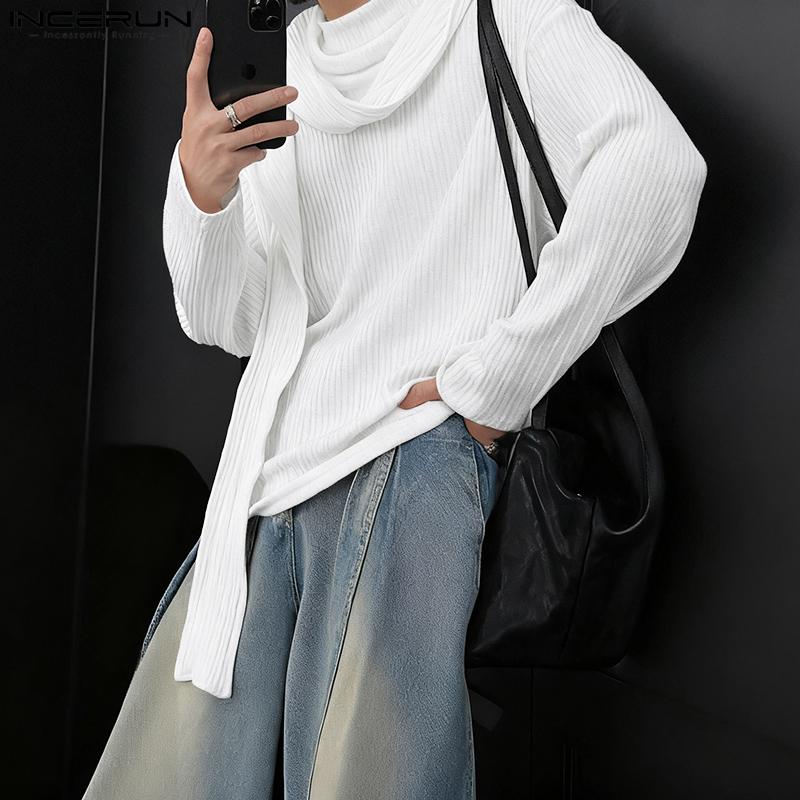 INCERUN Autumn Men Long Sleeve Hooded Texture Rib Shawl Casual Tops T-shirts