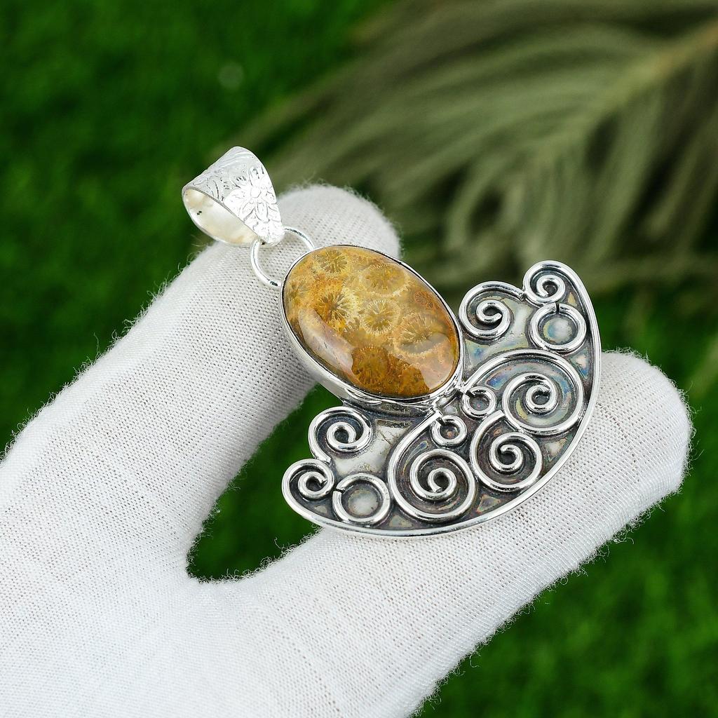 Mothers day Sale Sterling Silver Oval Fossil Coral Gemstone Daughter New Pendant
