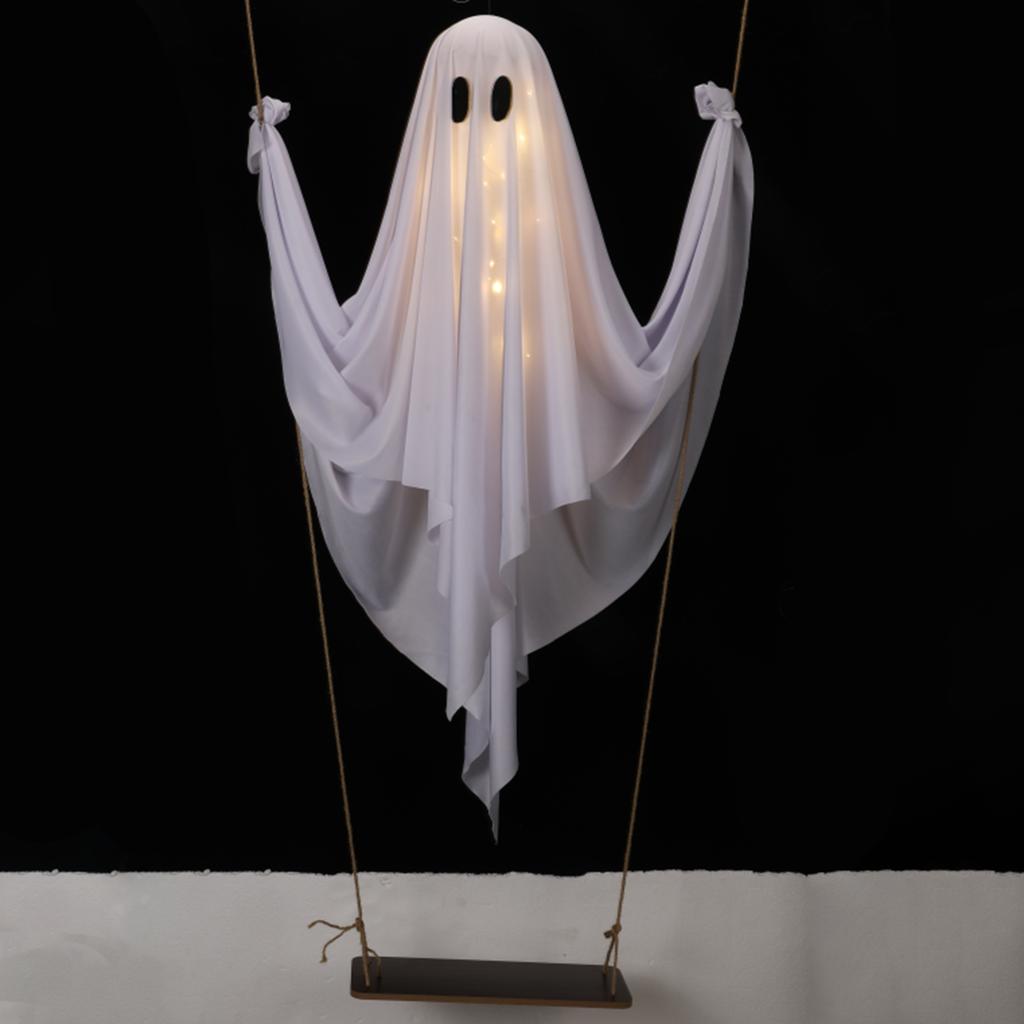 Halloween Outdoor Decoration - 5ft Large Hanging Swing Halloween Decoration With String Lights - Scary Cute Decoration For Front Porch Patio Tree