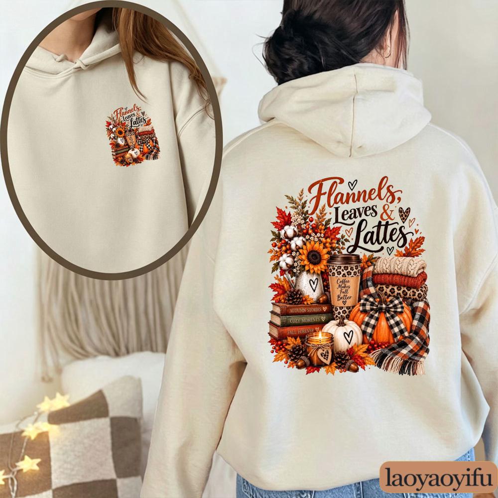 Flannels Leaves Lattes Hoodie Autumn Coffee Graphic Sweatshirt Fall Pumpkin Sunflower Candle Book Unisex Pullover Top