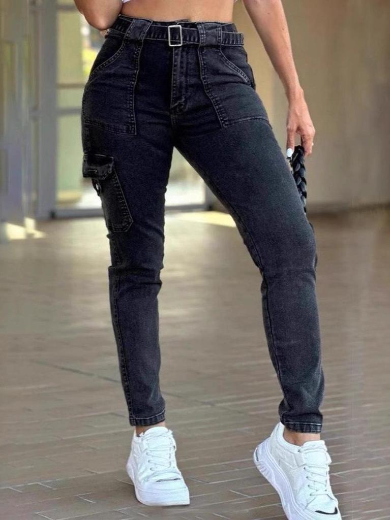 European & American Women's Slim Fit Solid Color Washed Denim Workwear Jeans (2025)