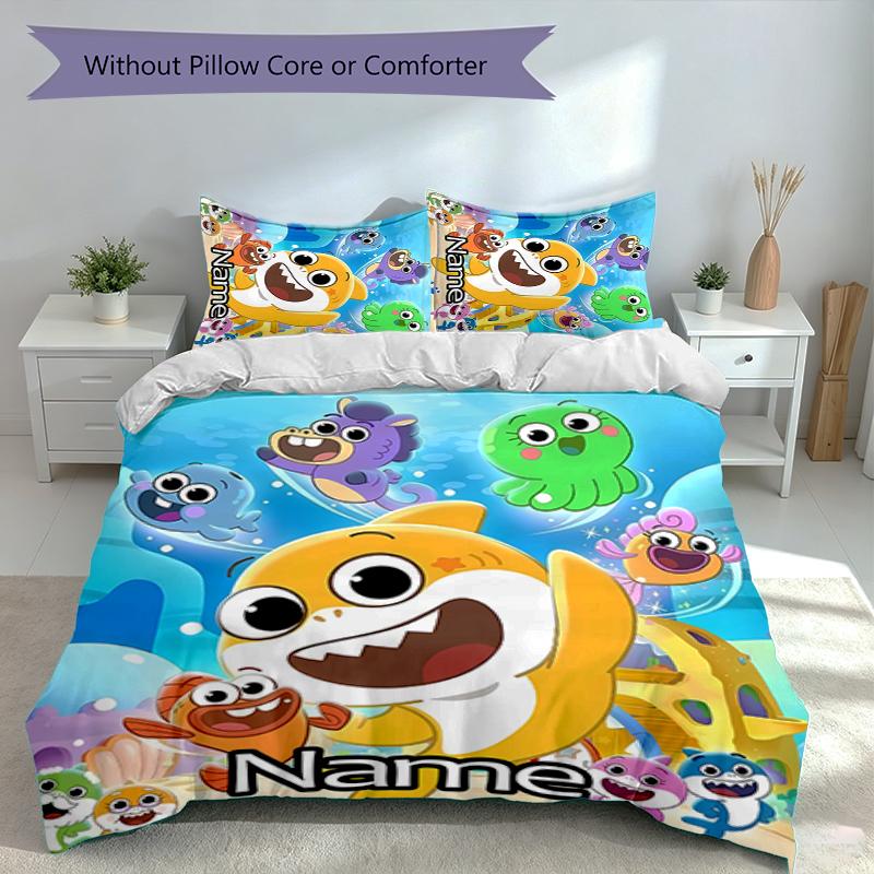 3pcs Custom Name Cute Shark Set,Includes 1 Duvet Cover and 2 Pillowcases,All-season Bedroom Decor