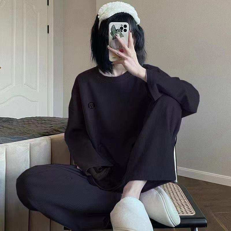 Sleepwear Loungewear Women Autumn and Winter Waffle Pajamas Ladies Long Sleeve Nightwear Homewear Two Piece Set