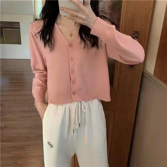 Korean Style V-Neck Knit Cardigan with Sleeves - Women's Versatile Short Sweater Coat for Spring & Autumn