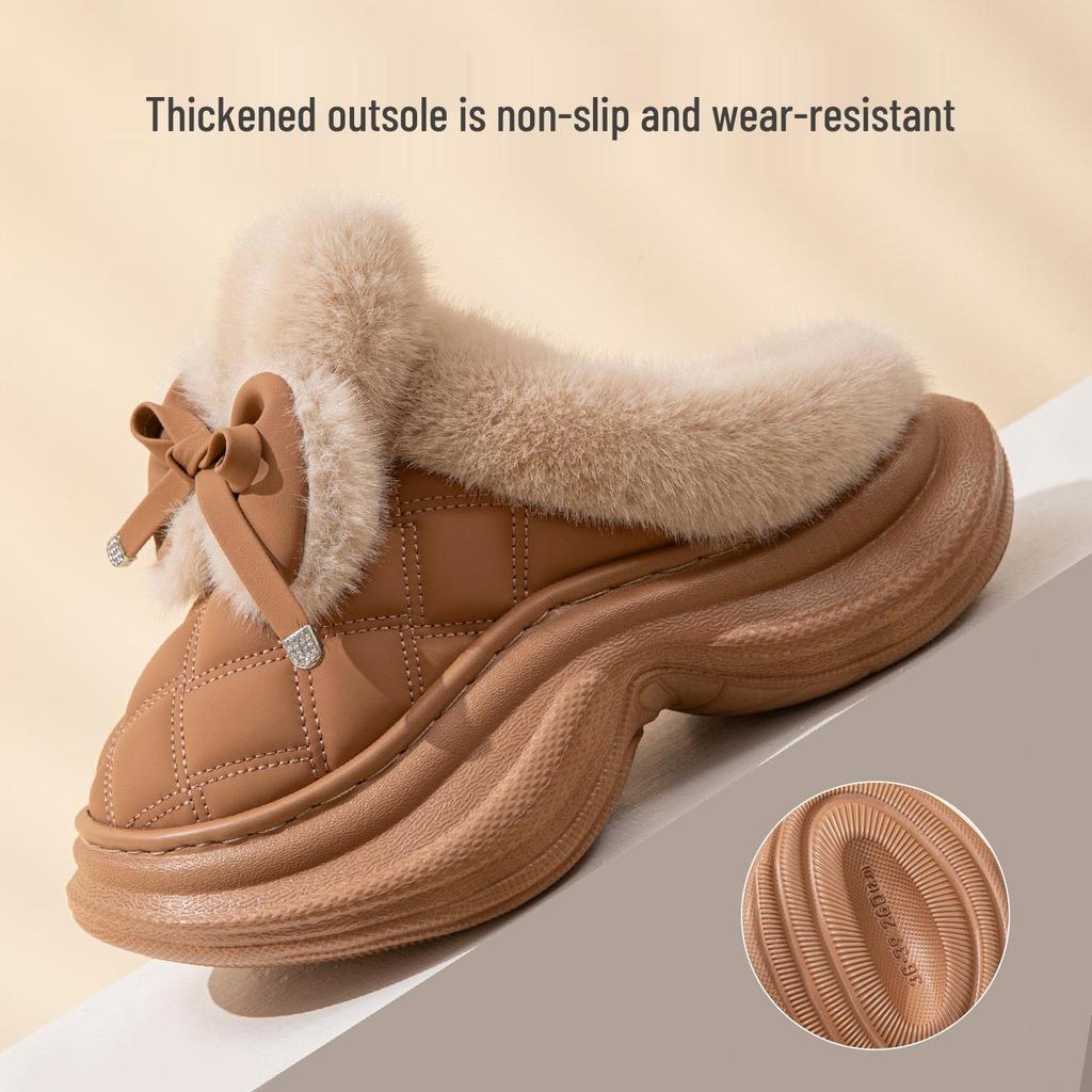 Damen 2025 Winter Schleife Baumwollpantoffeln: Rutschfest, Dicke Sohle, Warmes Plüsch für den Außenbereich