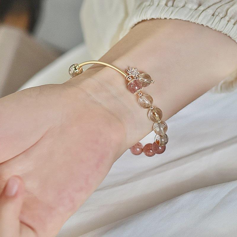 Natural Blond Crystal Bracelet, Strawberry Crystal Bracelet, Peach Blossom Design Fashion Jewelry.