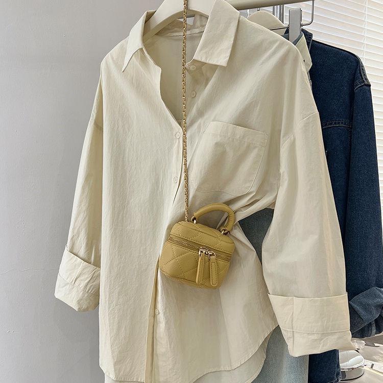 Einfarbige Langarm-Damenbluse mit Tasche Lockerer Knopfleiste Casual Bluse Frau Frühling Sommer All-Match Hemd Top
