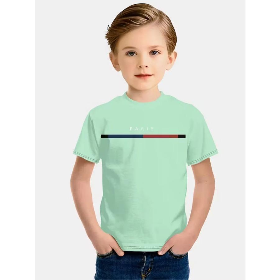 Boys' T-Shirt Simple Paris Letter Print Summer Short Sleeve Tees Loose Fashion Round Neck Tops Stripe Streetwear Kids Clothing