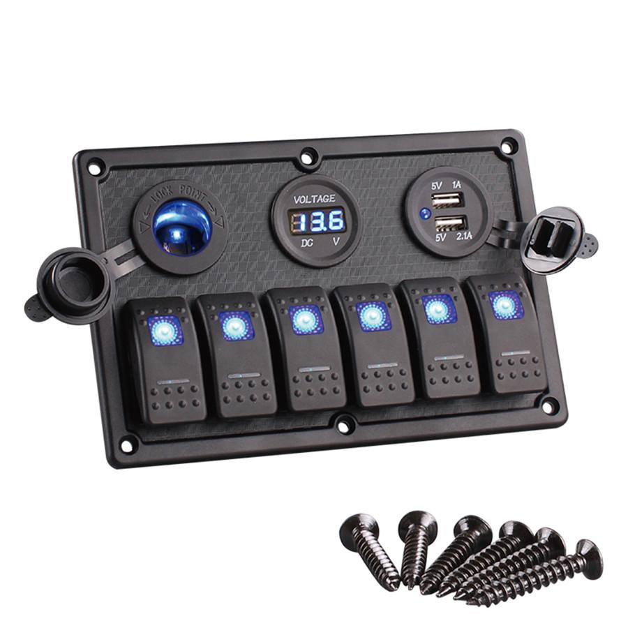 6Way Rocker Switch Panel+Dual USB Car Charger+Voltmeter Car Cigarette Lighter