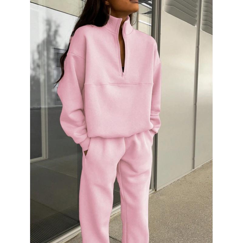 2025 European Autumn/Winter Fashion Zipper Lapel Solid Color Casual Two-Piece Set