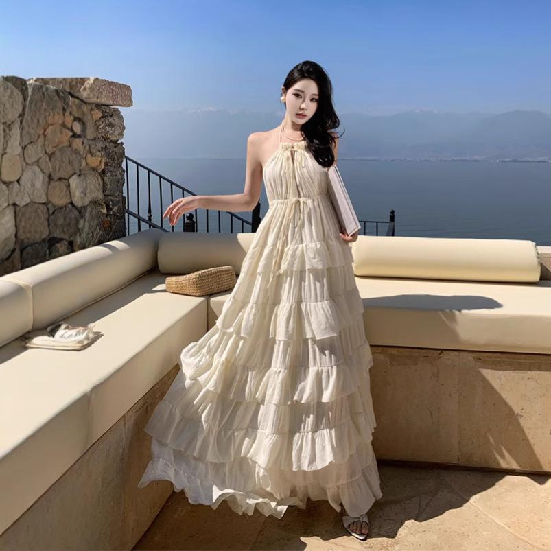 French Retro Red V-neck Neck Dress Loose Vacation Beach Dress Sexy Halter Cake Dress