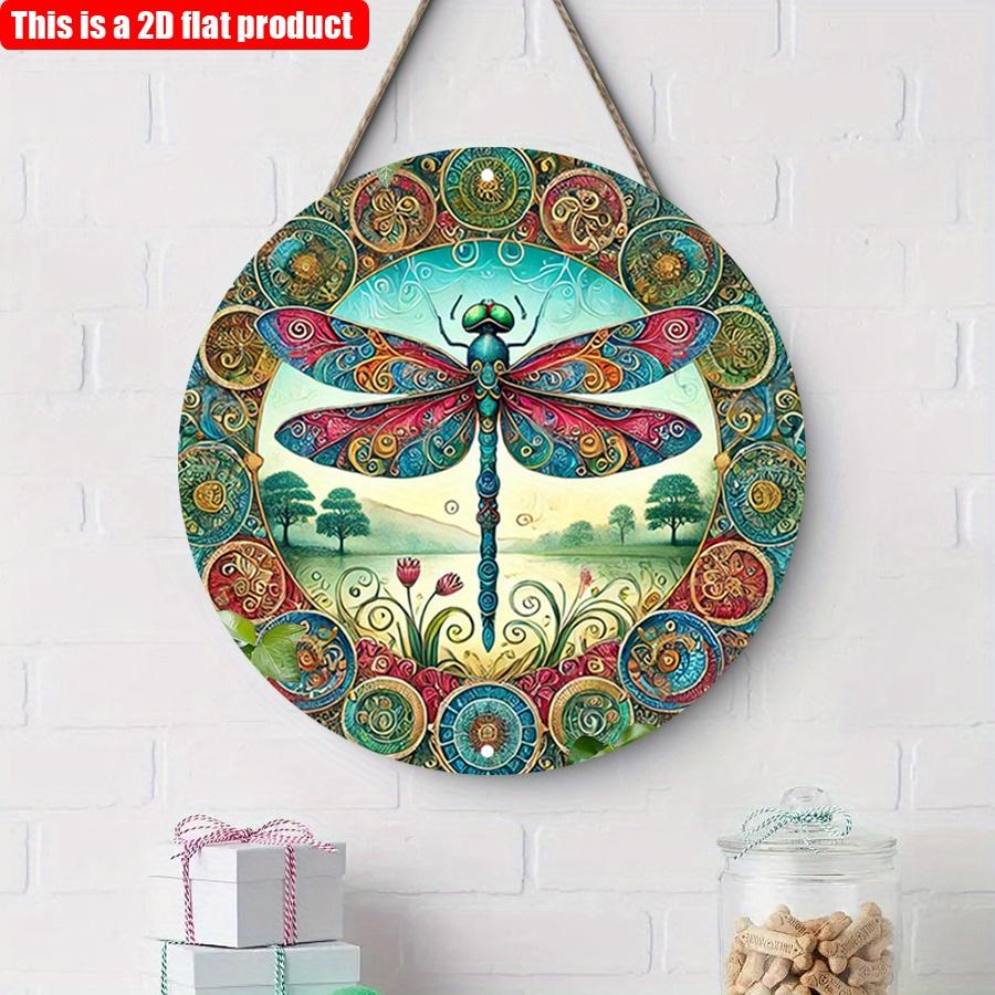 2D Flat 20*20cm1pc Bright-coloured Dragonfly Round Wall Pendant, Country Pond Style Vintage Floral Insect Patterns Decor, Suitable For Bathroom, Cafes