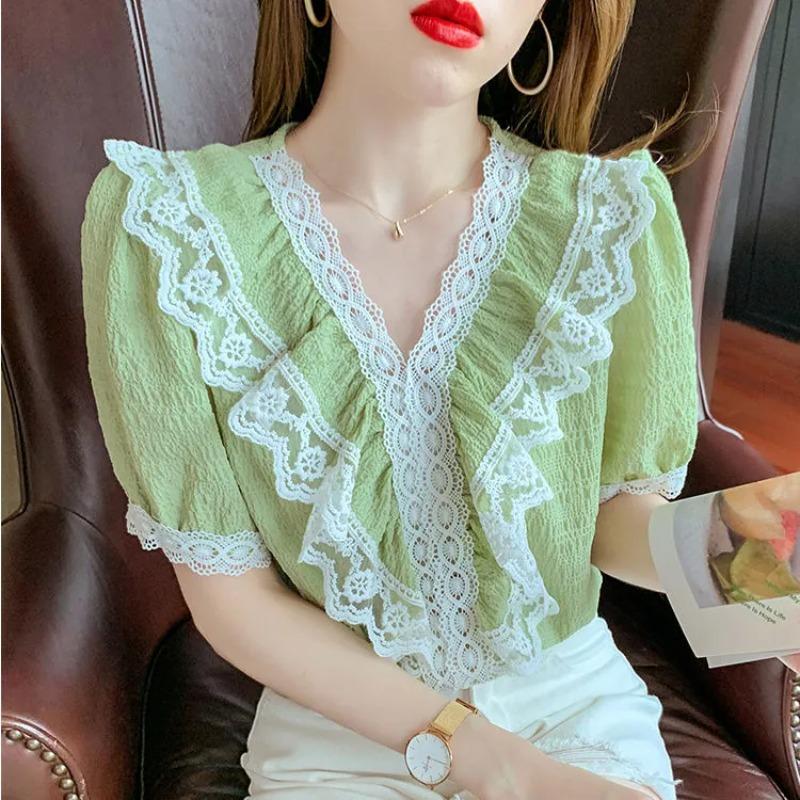 New Korean Style Summer New Puff Sleeve Shirt Ruffled Top Lace Short Sleeve Chiffon Shirt for Women