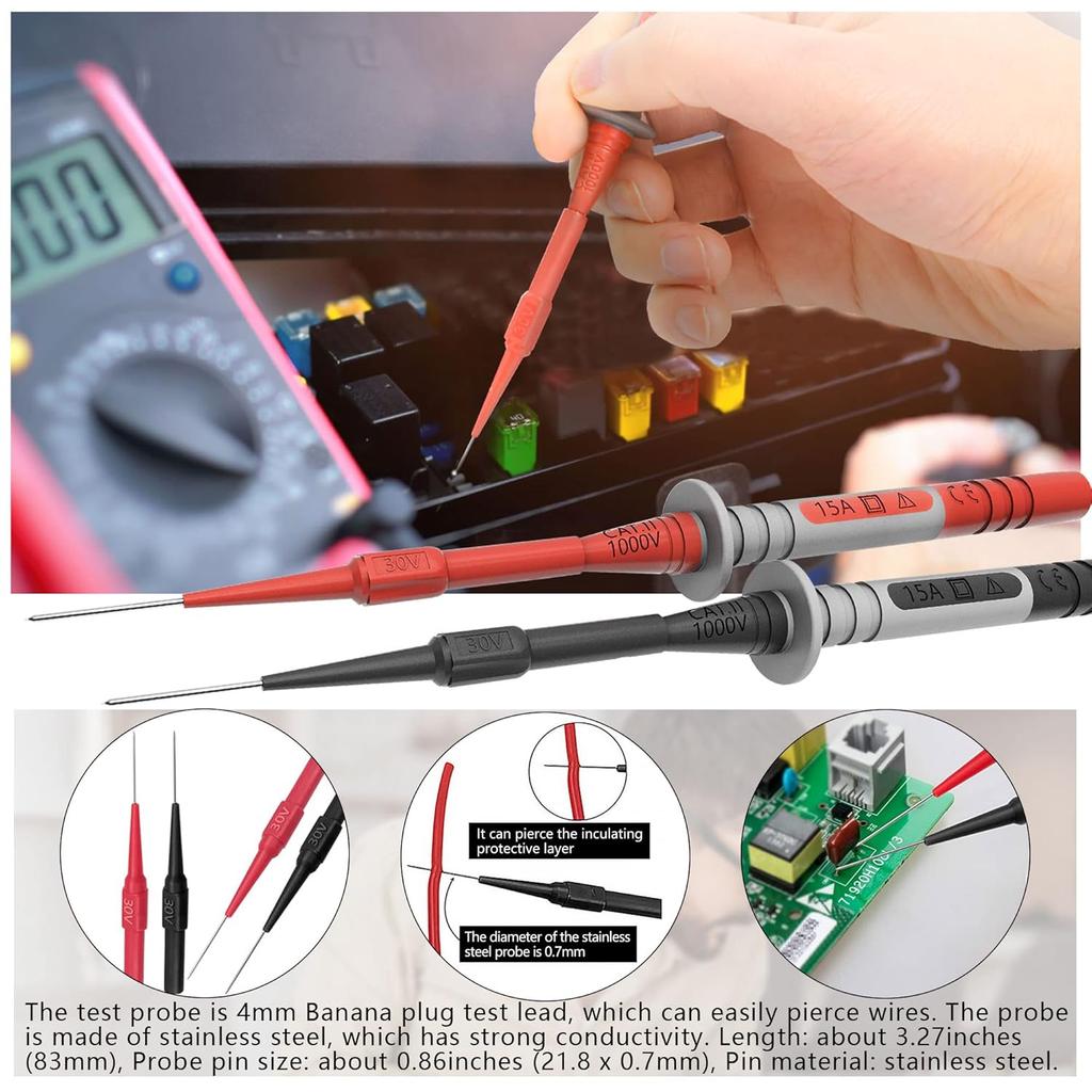 Test Leads Set HANDSKIT Double Insulated Electrical Multimeter Test Lead Kit, Test Leads Probes 4mm Banana Plug with Alligator Clips 30A and Needle