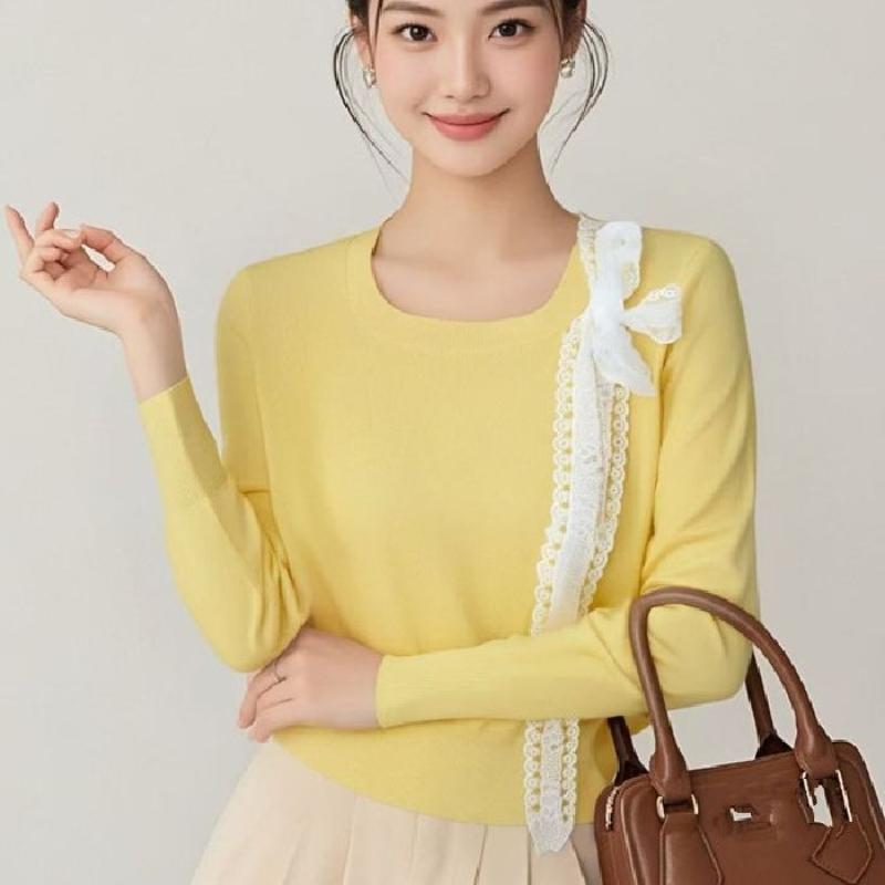Square-neck Long-sleeved Knitted Sweater, Women's Spring and Autumn Large-sized Tie Bow Top Base Layer