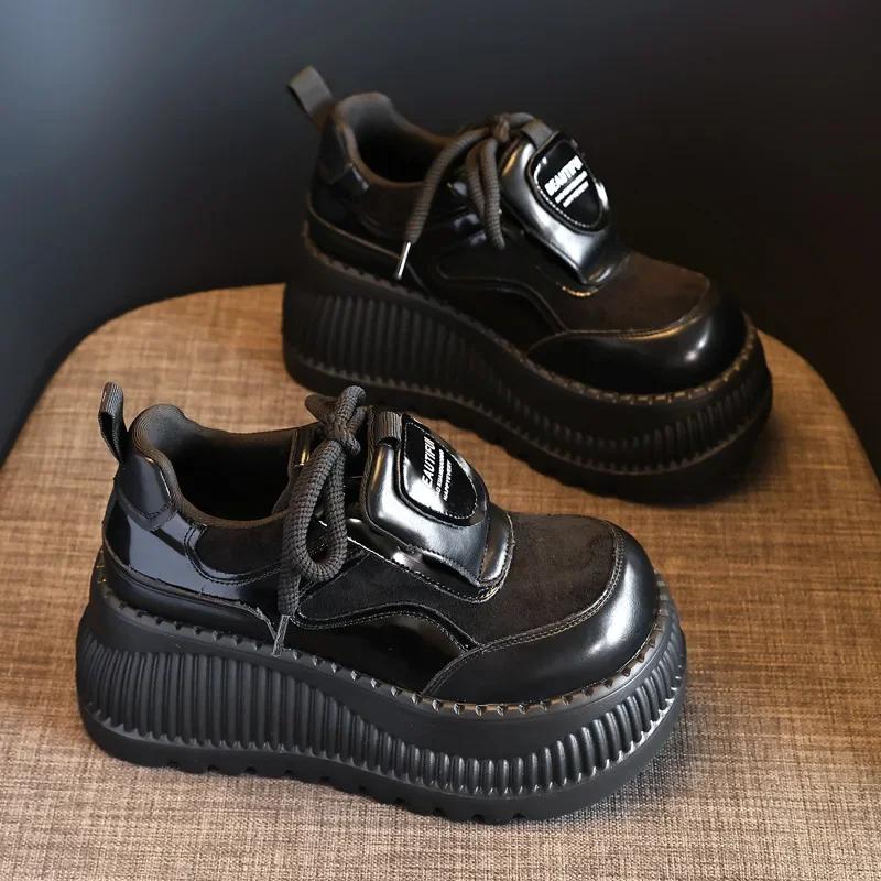 

Высококачественная эластичная ткань 8 см из кожи для женщин, новая весенне-осенняя модная вулканизированная обувь, брендовые повседневные туфли на танкетке и каблуках 34 чёрный