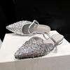 Fashion Silver glitter slides summer shoes woman low heel slippers bling bling pointed toe sandalias 34-42 big size mules women pantufla