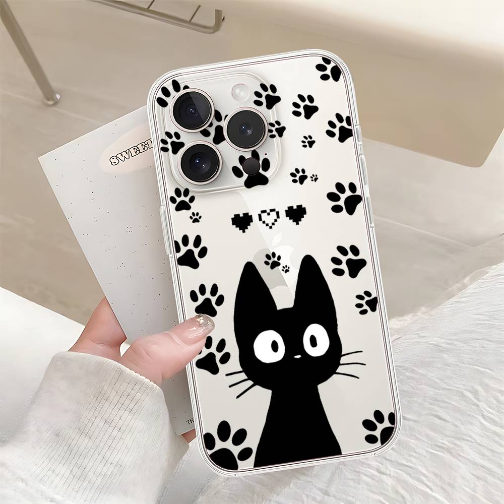 B-Black Cat Phone Case For Iphone17 16 15 11 13 14 Pro Max 7 8 Plus X Xr Xs Max Se2020 12mini Transparent Cov