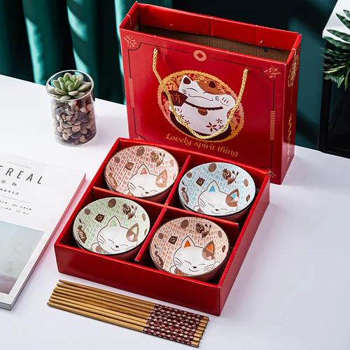 Chinese Hand-painted Cartoon Tableware Ceramic Bowl Creative Household Tableware Set Gift Box
