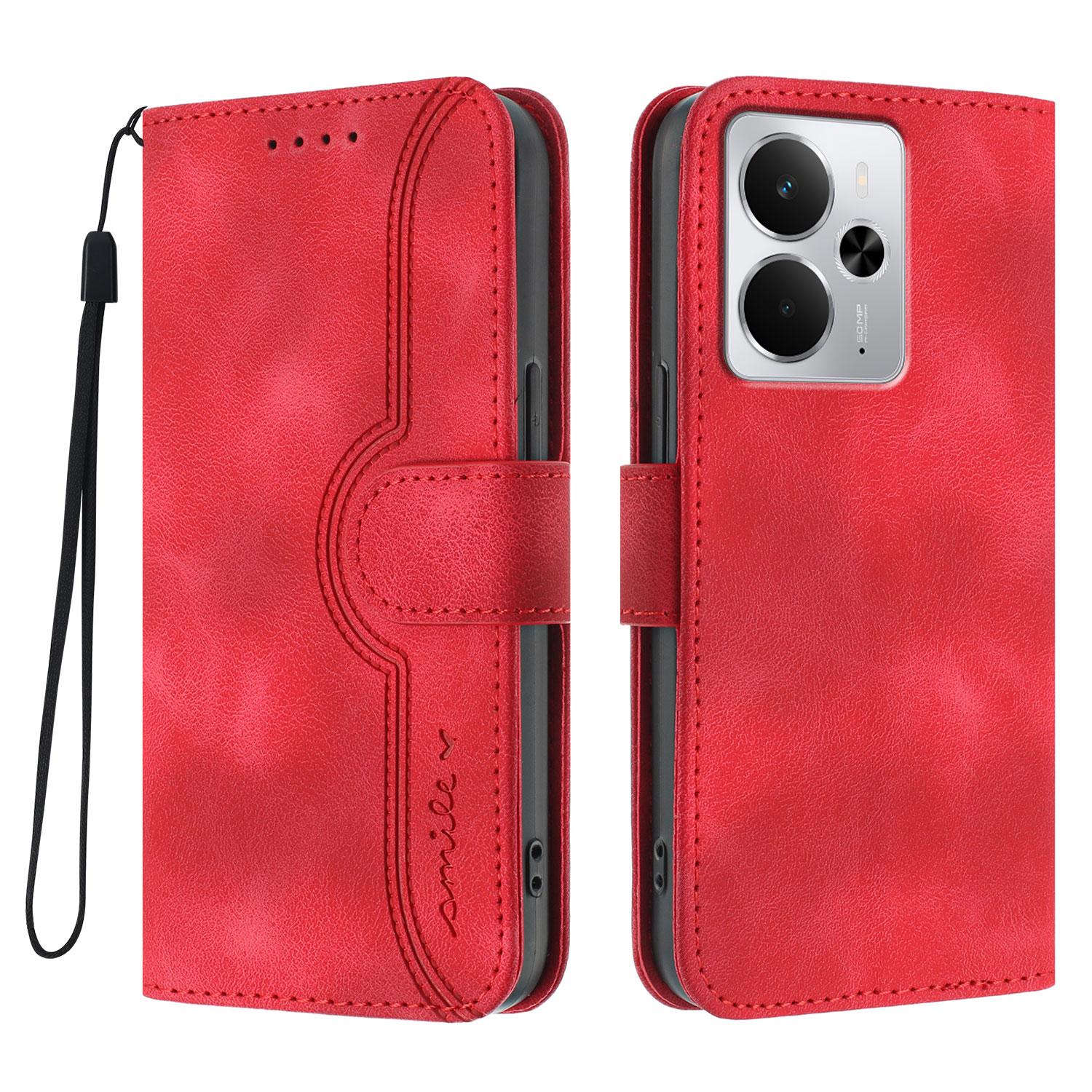 

For Realme P3 5G/Realme Neo7x 5G/Realme 14 5G Leather Case Wallet Stand Smile Imprinted Phone Cover with Strap Red