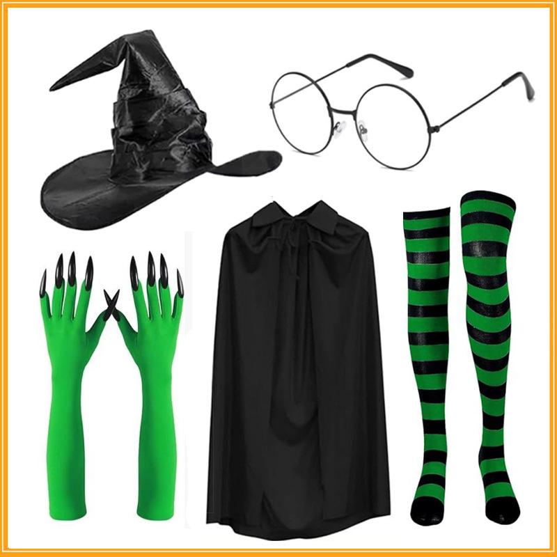 Halloween Green Witch Costume Set With Claw Gloves Striped Socks Wizard Hat Cloak And Round Glasses For Party Cosplay