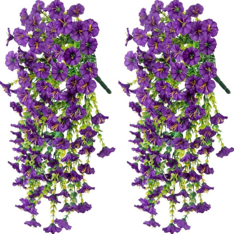 2Pcs Artificial Morning Glory Hanging Flowers Fake Flower Outdoor Home Garden Wall Hanging Petunias Plants Wedding Decoration