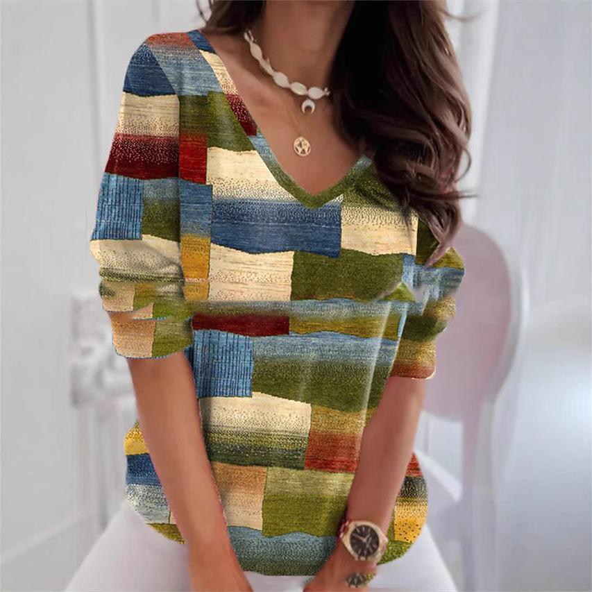 Color Blocked Plaid V-neck Top for Women, Fashionable Contrasting Loose Casual T-shirts