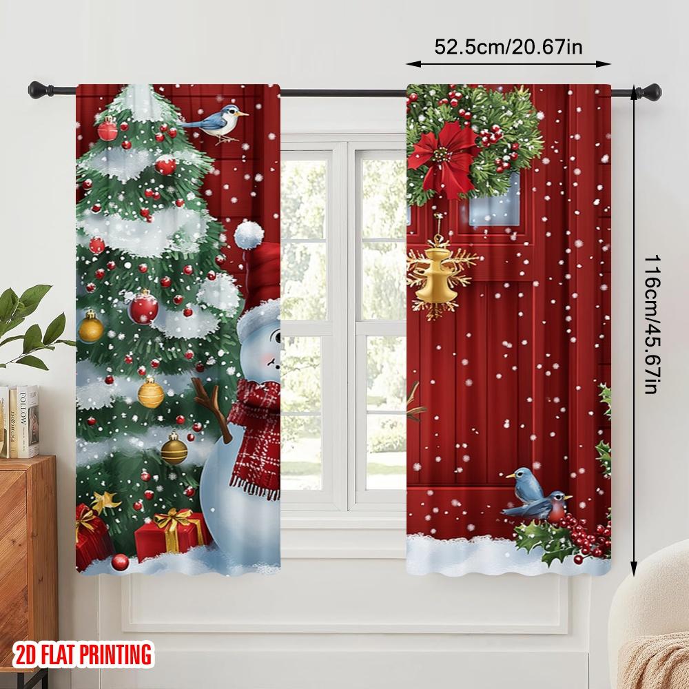 2pcs,2D Plane Printing Creative Curtains Cute Snowman Christmas Greeting (2) Polyester Fabric (without Rod) Gifts Perfect for
