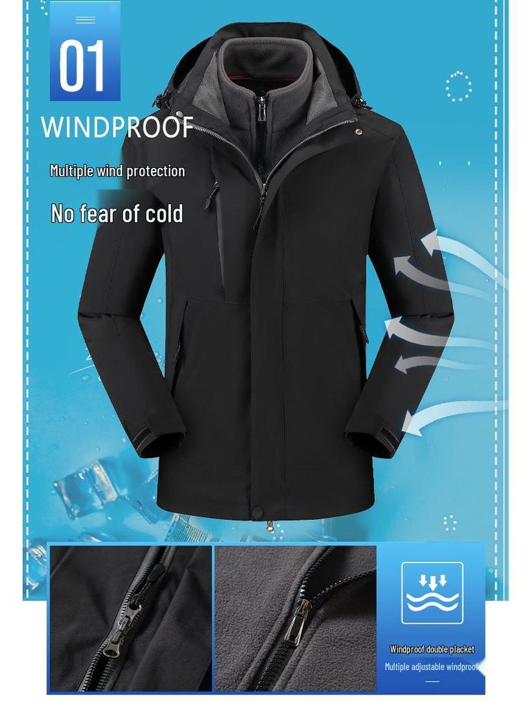Custom Logo 3-in-1 Windbreaker with Fleece Down, Warm Jacket for Autumn/Winter, Embroidered Workwear.