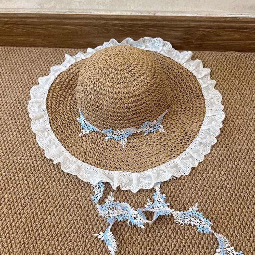Breathable Vacation Beach Cap with Garland with Lace Big Brimmed Straw Hat Lightweight Sunshade Topi Woven Sun Cap Daily