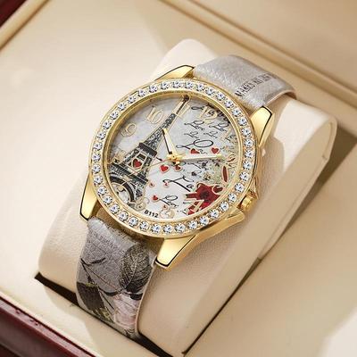 Snake Print Leather Belt Women's Watch with Eiffel Tower Design and Diamond Numerals