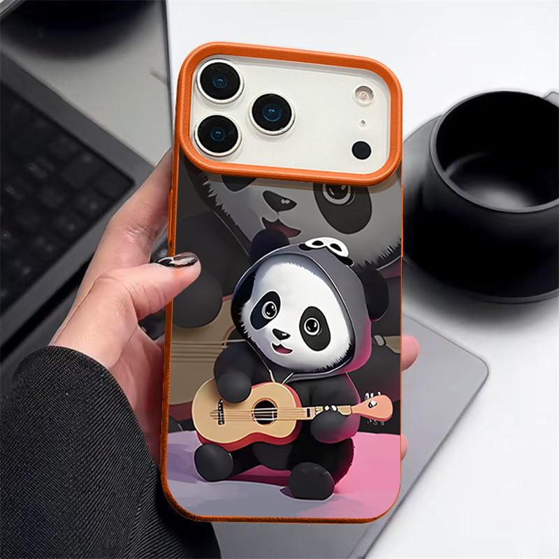 Guitar-playing Panda Pattern Case For iPhone 17 Pro Max Funda iPhone 16 Pro Max 15 14 13 12 11 Air 16E Leather Texture Silicone Cover