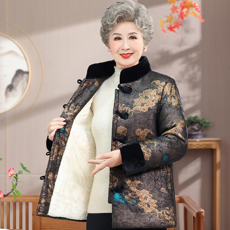 

Grandma s Vintage Velvet-Lined Winter Jacket - Thick, Cozy Cotton Coat for Middle-Aged and Elderly Women XL (80-95 jin)