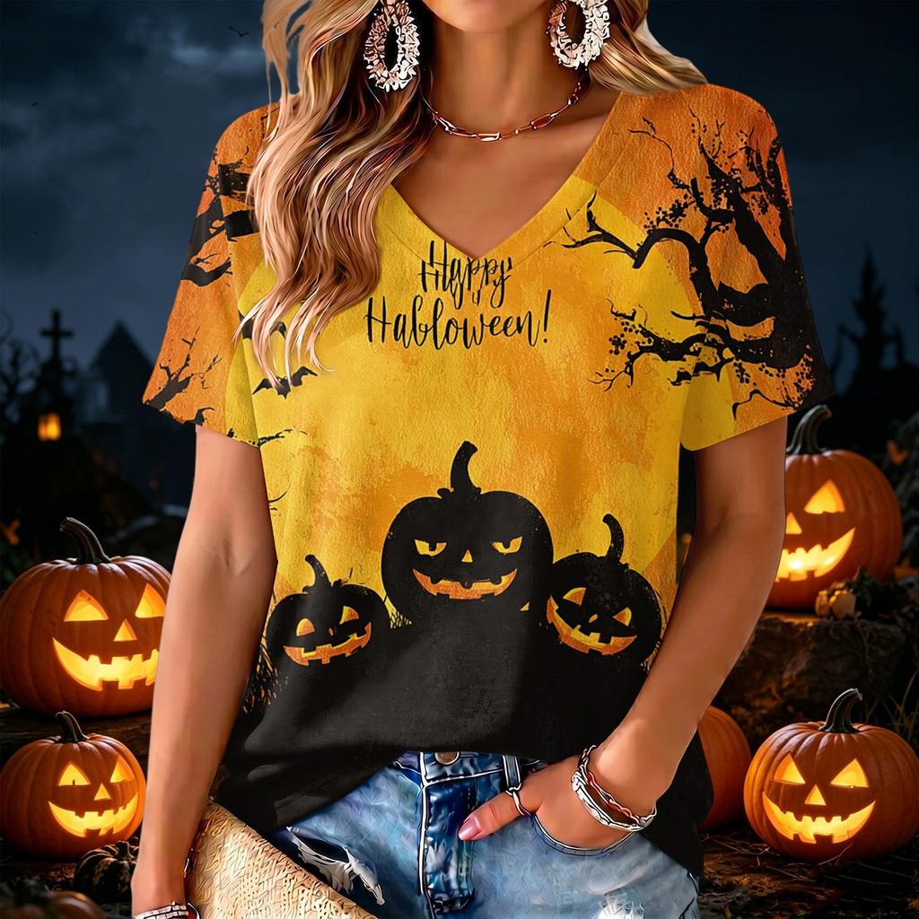 Women's V-Neck Lightweight Halloween Print Top for Spring and Summer