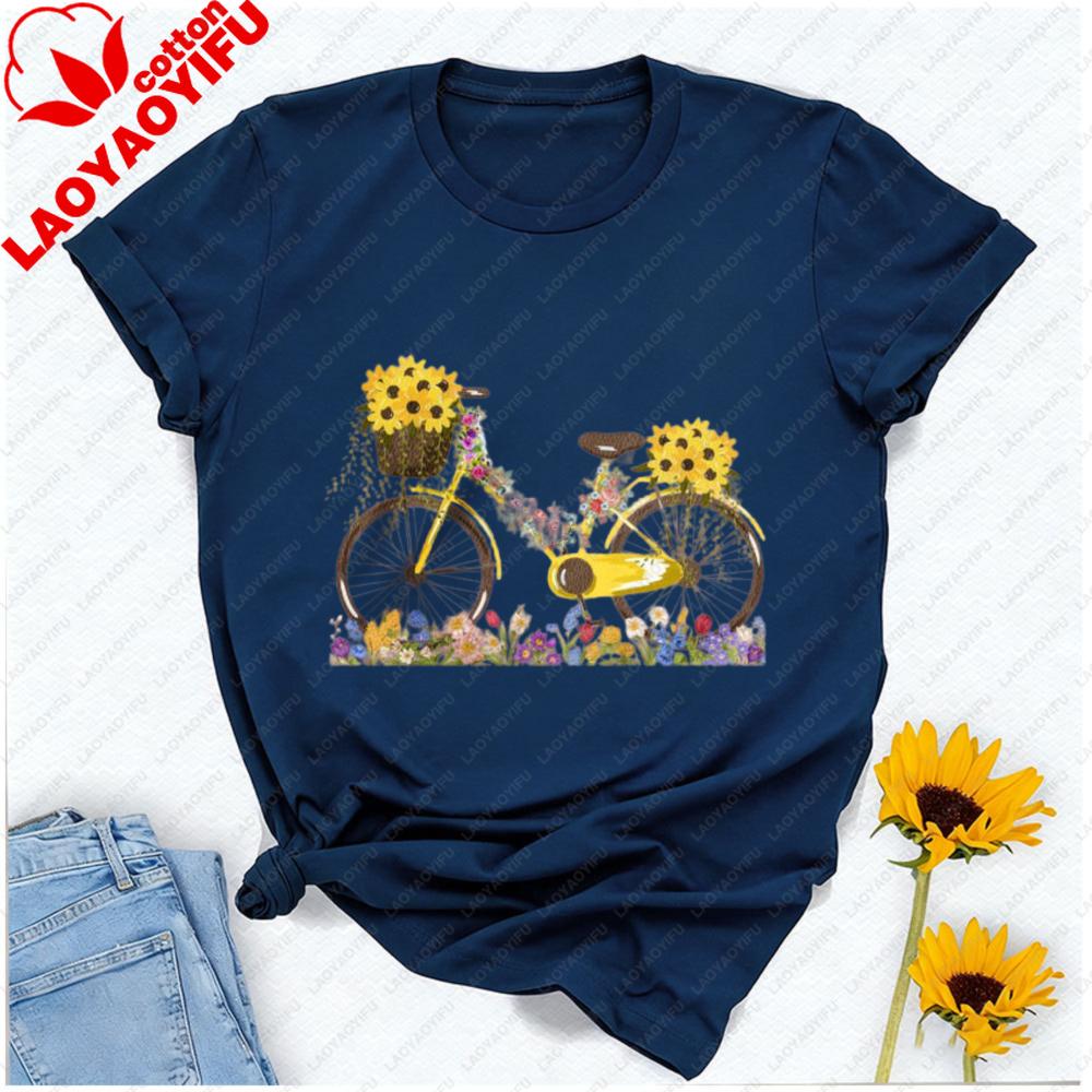 Floral Bicycle TShirt Sunflower Wildflower Graphic Tee Cute Garden Nature Shirt for Unisex Summer Botanical Gift Tops Y2k Top