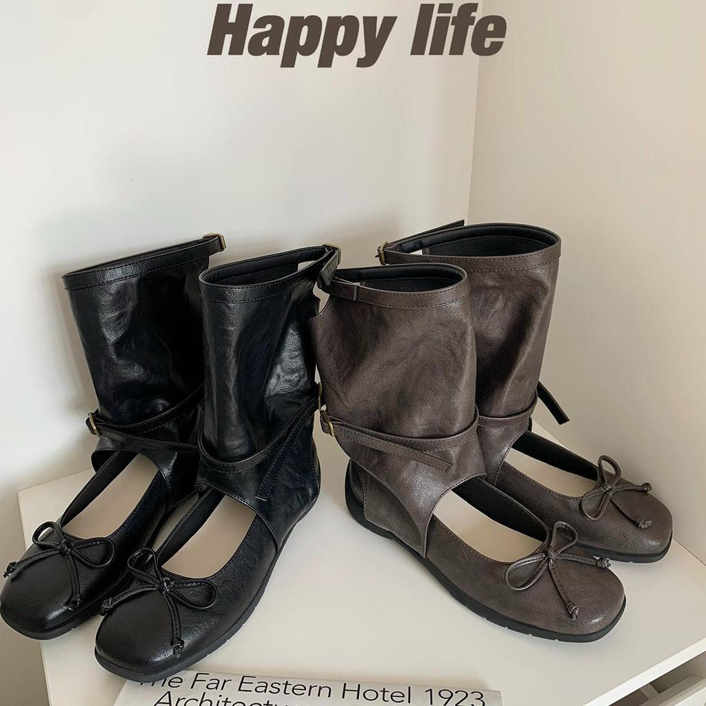 Lambskin heightening 5cm Maillard boots design sense round head bow cool boots ballet single shoes knight boots