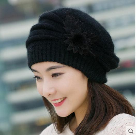 Hut Damen Winter Blume Kaninchenfellhut verdickter Baskenmütze warmer gestrickter Wollhut Herbst und Winter Mutterhut