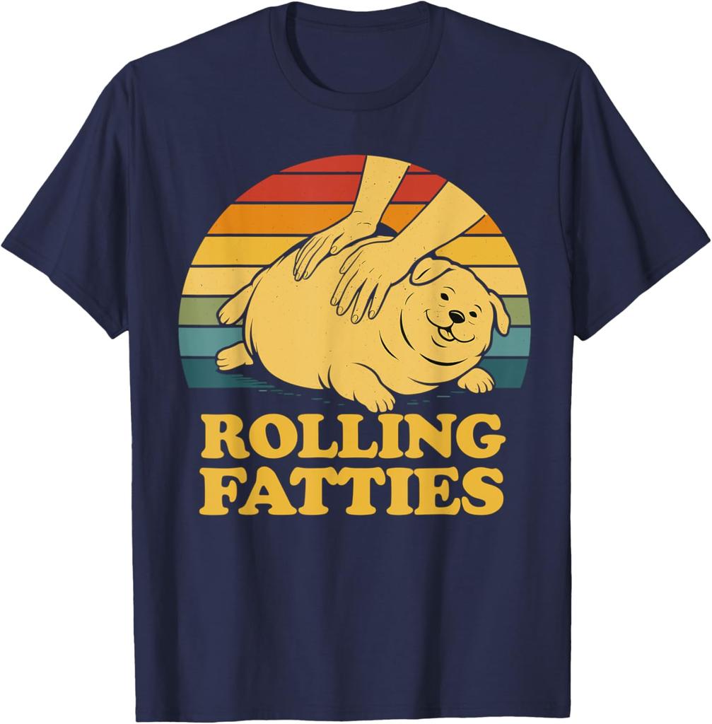 Rolling Fatties Funny Dog Graphic Tee Retro Sunset Print Soft Cotton Casual T-Shirt for Men Women