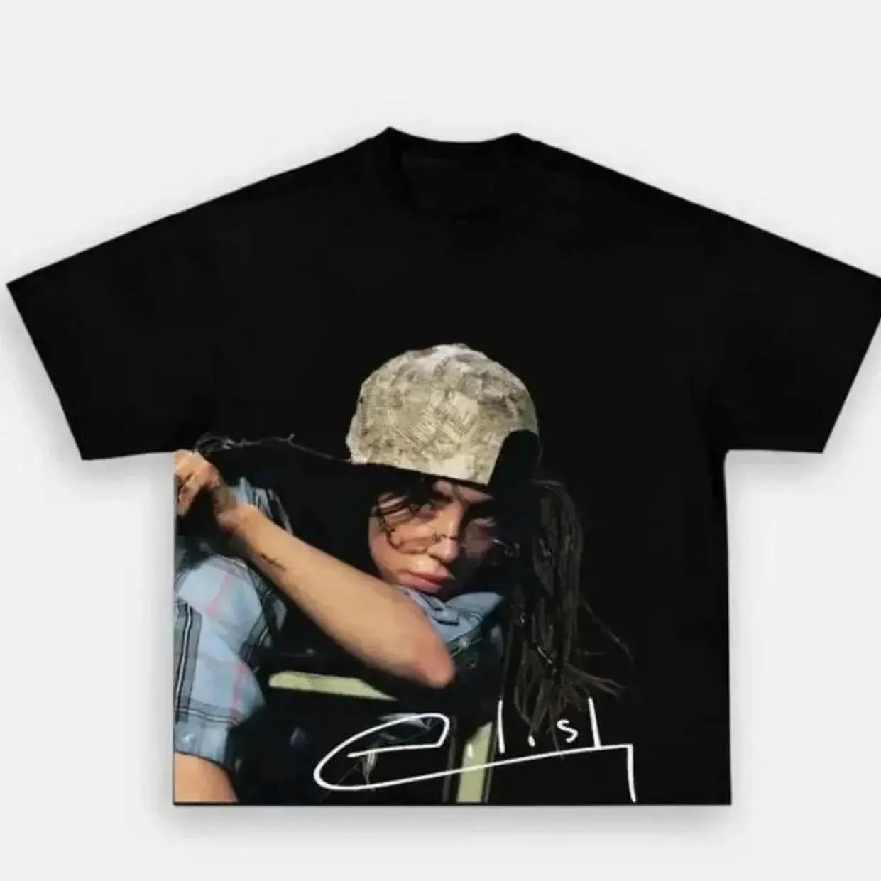 Billie Eilish Porträt Grafik T-Shirt Baumwolle Unisex Y2k Herren Damen T-Shirt Oversized Beliebt Vintage Bootleg T-Shirt Fan Geschenke S