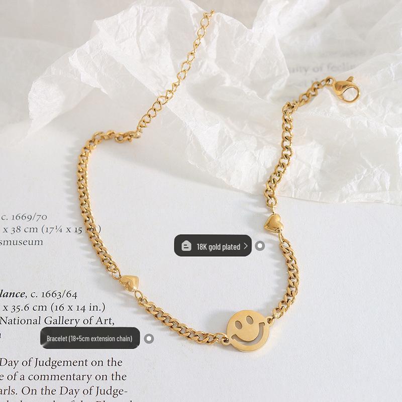 18K Gold Smiley Face Bracelet - European & American Design, Titanium Steel, Simple & Versatile (E141)