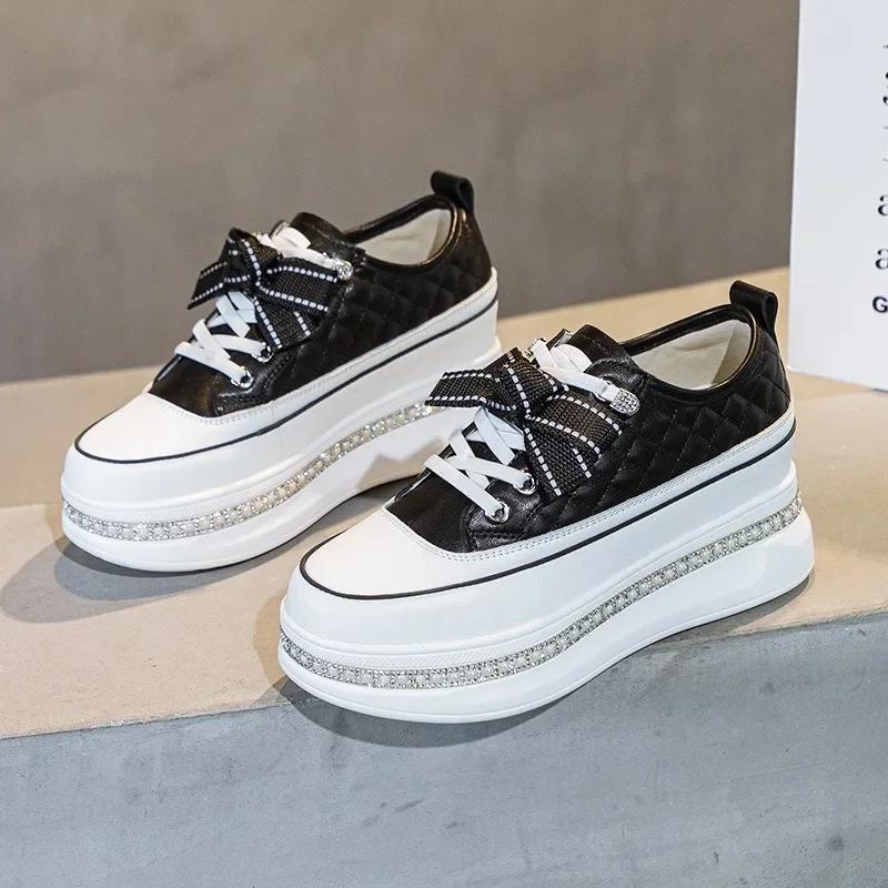 6cm Neue Echtes Leder Plateau Keilabsatz Schuhe Zapatos De Mujer Bling Vulkanisierte Klobige Sneaker Pumps Plateau Damenmode