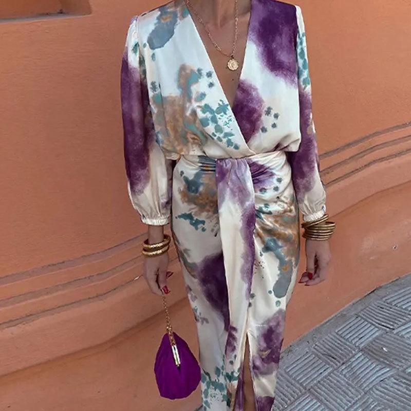 Women Abstract Print Wrap Midi Dress V Neck 3/4 Lantern Sleeve Tie Waist Boho Vacation Elegant Dress