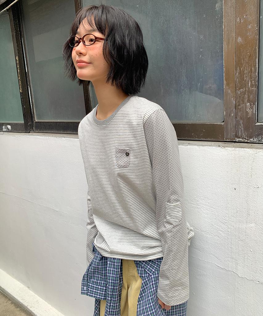 RONRON Dot Stripe Multi Pocket Long Sleeve Gray