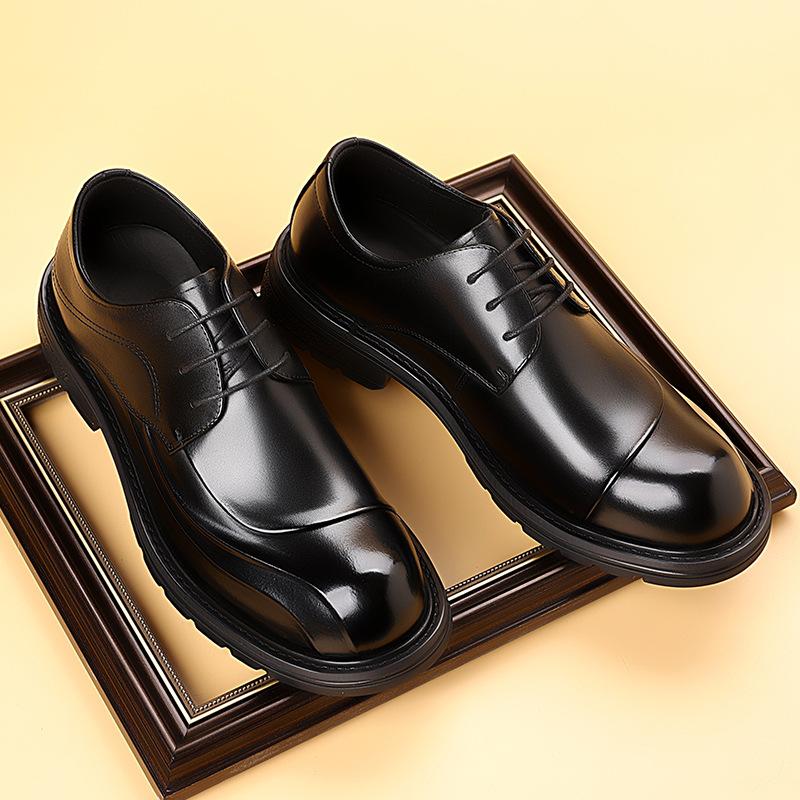 New Men's Top Layer Cowhide Business Leather Shoes Big Head Thick Sole Leather Casual Men's Shoes Trendy Lace Up Single Shoes