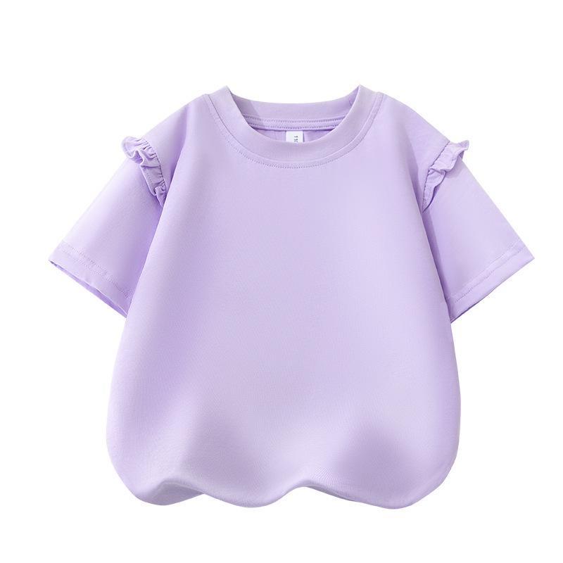 2025 Summer Korean Style Girls' Cotton Ruffle T-Shirt - Round Neck, Short Sleeve, Solid Color, Cute Undershirt.